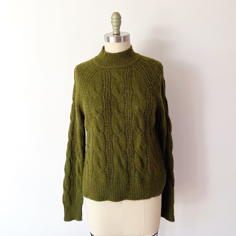 J.Crew Cable Knit Sweater Moss Green Alpaca Blend Mock Neck Cozy Fall